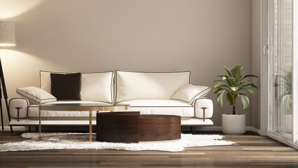 Luxury, minimal beige living room with cream sofa, wooden coffee table, lamp, tropical tree in sunlight from sliding door for elegant interior design decoration, product background 3D