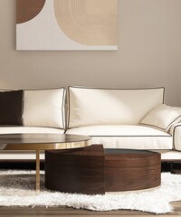 Luxury, minimal beige living room with cream sofa, wooden coffee table, lamp in sunlight from...