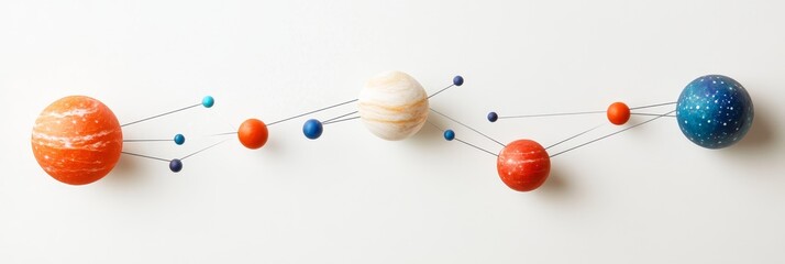 A close-up of a paper craft solar system, showcasing planets connected by thin, silver lines symbolizing the orbits. The planets are crafted with care, displaying intricate details and vibrant colors,