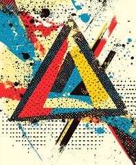 A colorful abstract design featuring geometric shapes and splashes of paint.