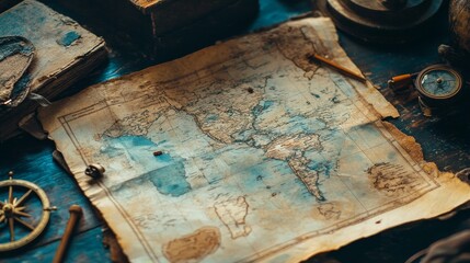 A close-up of an antique world map with a compass and an old book in the background. The map is faded and worn, suggesting a long history of exploration and discovery. The compass symbolizes guidance,