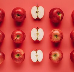 red apples pattern, pastel red background, copy space, three apples cut in half