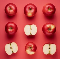 red apples pattern on pastel red background, flatlay