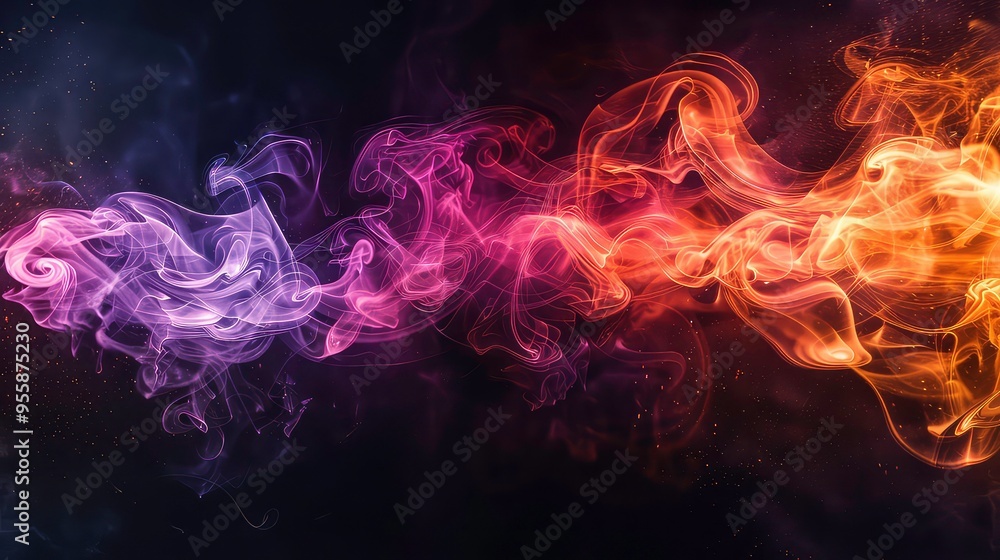 Poster abstract colorful smoke on dark background with glowing particles.