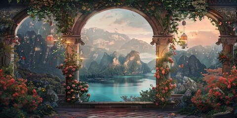 Arabesque Arch Adorned with Flowers Lanterns and Scenic Mountain Lake Views Digital Collage featuring Stones a Panel and Fresco Ideal for Wallpaper Poster Design and Modular Panels