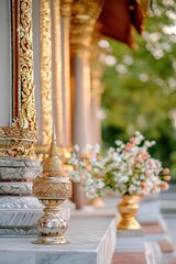 Obraz premium Golden Stupa and Floral Arrangement at a Thai Temple