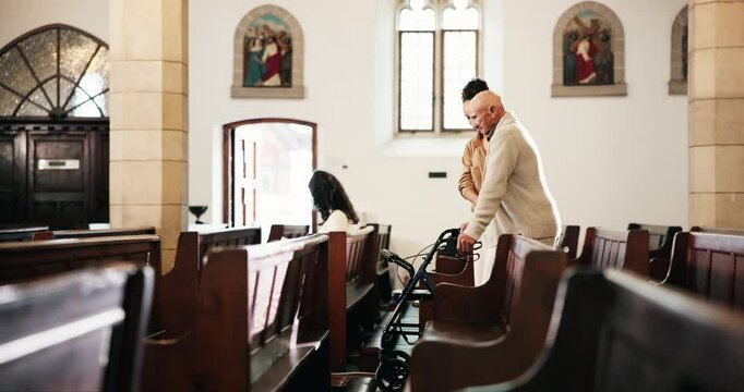 Elderly, man and walking with caregiver in church for walker assistance, religion or sunday service. Senior person, woman and mobility support in chapel for spiritual sermon and helping to praise God