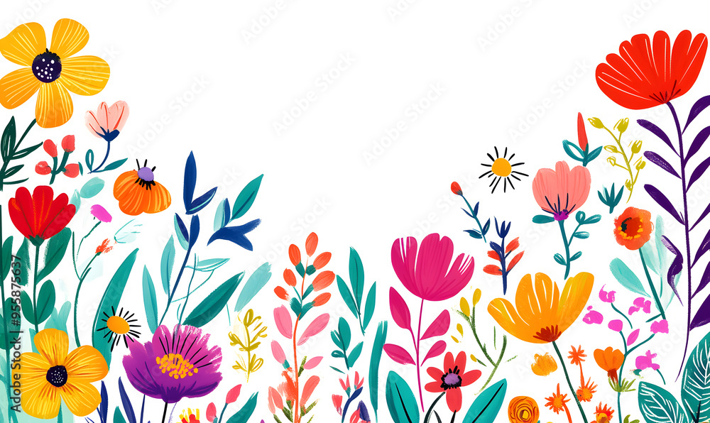 Wall mural floral and leaf on white background in doodle-style tile designs with graphic format.