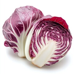 Obraz premium A halved red radicchio lettuce with visible white core and vibrant red leaves. Isolated on a white background.