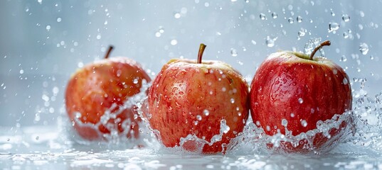 three apples in splashes of water, light background, copy space