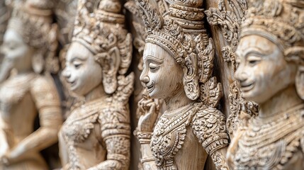 Intricate Wooden Statues of Deities in Thailand