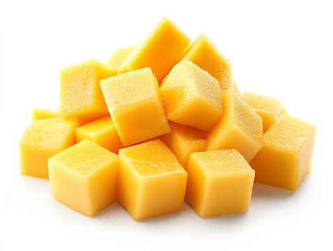 yellow mango slice as dice shapes,  isolated on white background.