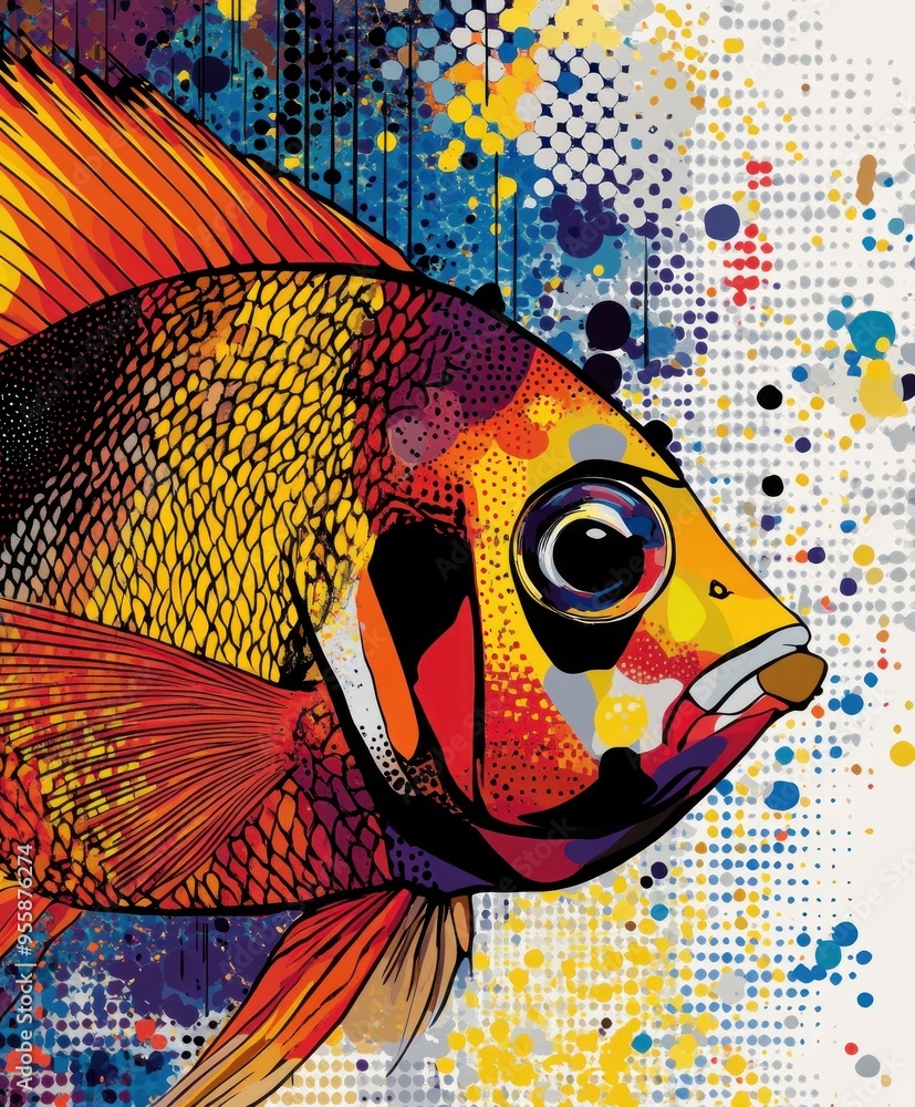 Poster A vibrant, stylized illustration of a fish with bold colors and graphic elements.