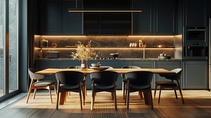 Minimalist Modern Kitchen with a Warm, Inviting Dining Area