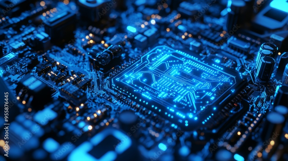Poster a close-up view of a blue artificial intelligence processing unit, showcasing the intricate circuitr