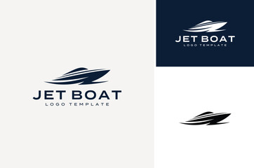 Simple Minimalist Silhouette of Speedboat Jetboat Motorboat, or Boat with Motor with water sea ocean wave logo design