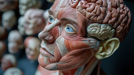 Obraz premium A close-up view of a human anatomy model, showcasing the intricate details of the facial muscles and the brain. This model is perfect for studying the human body and understanding its complex structur