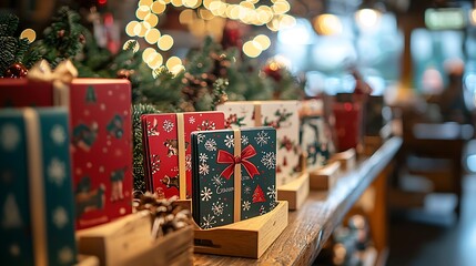 Festive Christmas gift boxes displayed on a wooden shelf with bokeh lights, adding a touch of holiday magic.