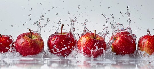 red apples in splashes of water, white gorizontal background, copy space