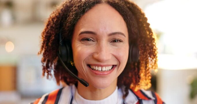 Happy woman, consultant and face with mic at call center in customer service, online support or telemarketing. Portrait of female person, agent or smile with headphones for virtual assistance or help