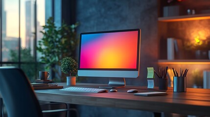 Modern Home Office Desk with Computer, Keyboard, and Mouse - 3D Illustration