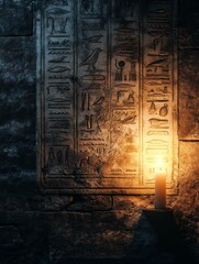 A close-up view of ancient Egyptian hieroglyphics carved into a stone wall, illuminated by the soft glow of a single candle. The hieroglyphics depict symbols of life, death, and the afterlife.