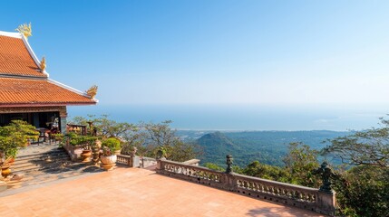 Fototapeta premium Scenic View From Pagoda Terrace With Ocean and Mountains