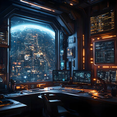 Futuristic Spaceship Interior with Earth View 3D Illustration