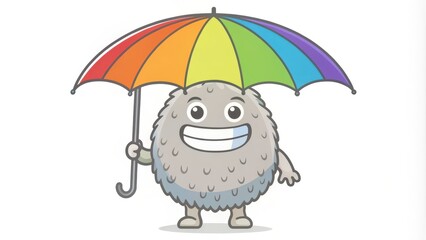 A Happy Fuzzy Character Holding a Rainbow Umbrella