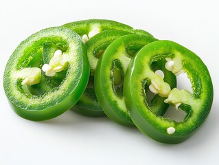 Close-up of fresh, green jalapeno pepper slices isolated on white background.