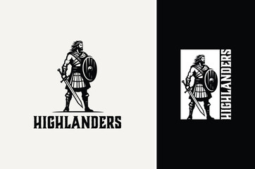 Traditional Highlander Warrior with Long Hair, Sword, and Wooden Shield. Ancient Scottish Hero illustration Classic Vintage logo design