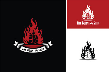 Fire Flame with Merchant or Pirate Ship and Scroll Banner for Burning Galleon vintage classic logo design