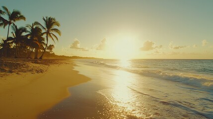 Tropical Beach Sunrise with Palm Trees and Golden Sand