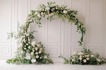 Naklejka premium Elegant White Floral Archway Against a White Wall for a Wedding Ceremony