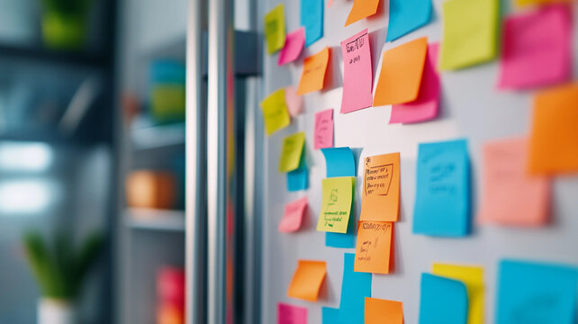 Colorful sticky notes on fridge door create an organized and vibrant atmosphere, perfect for reminders and resolutions.