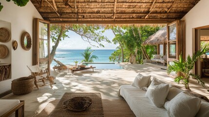 Fototapeta premium Tropical Beachfront Villa Interior Design With White Sofa and Ocean View