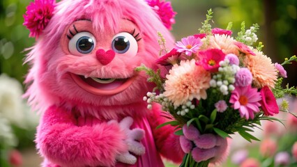 Obraz premium Pink Furry Character Holding a Bouquet of Flowers