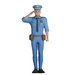 3D Cartoon Police Officer. A male policeman standing with his right hand on his head like a salute. Law Enforcement Character