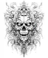 A detailed skull illustration with ornate designs and intricate patterns.