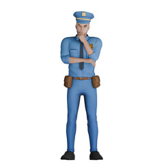 Male Police Cartoon in 3D. A male policeman stands with his right hand in front of his chest while his left hand is raised holding his chin. City Patrol Illustration