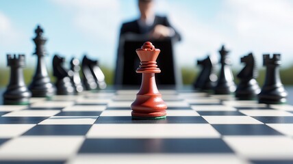 A dramatic chess scene featuring a red king piece, with blurred chess pieces and a focused strategist in the background.