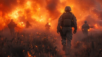 Soldier Walking Through Fire and Smoke on Battlefield
