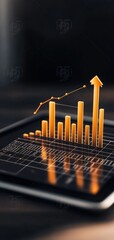 Business growth graph, soaring trajectory, 3D visualization on a tablet