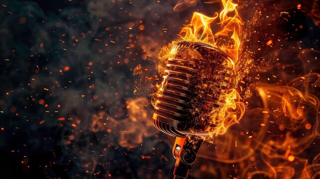 A vintage microphone engulfed in flames with smoke and sparks in the background.