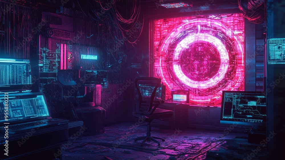 Poster a dimly lit cyberpunk room with glowing screens and a large interface displaying an intricate circle