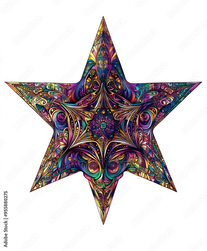 Poster A colorful, intricate star design featuring swirling patterns and vibrant hues.