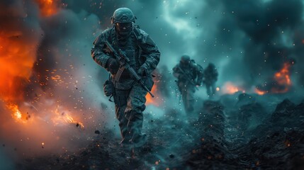 Fototapeta premium Soldier in Camouflage Gear Carrying a Rifle Through Fire and Smoke
