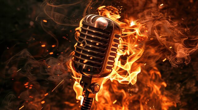 Vintage microphone engulfed in flames and smoke, with sparks flying.
