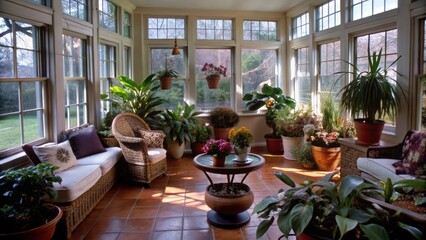 Fototapeta premium Sunlit Sunroom with Wicker Furniture and Abundant Greenery