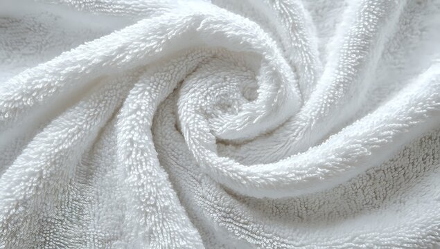 Soft White Terrycloth Towel Texture, Close-Up Macro Photography of Fluffy Fabric,  Wrinkled, Rolled, and Plush Surface for Background